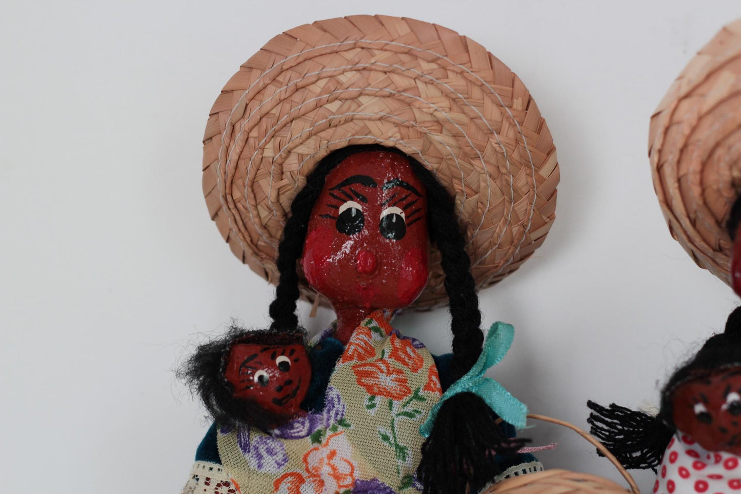 Vintage Mexican Folk Art Dolls, Hand-Painted Papier-Mâché Moms & Babies, 11" Tall