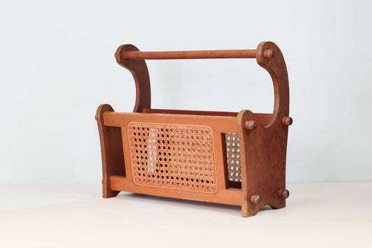 Vintage Wood and Cane Magazine Rack, Mid-Century Modern Decor