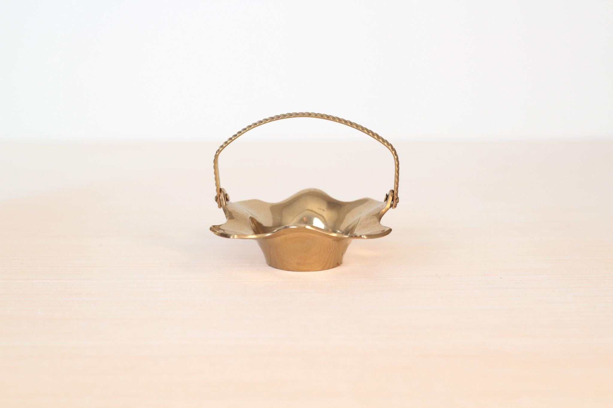 Vintage Mini Brass Basket Jewelry Dish, Midcentury Brass Decor