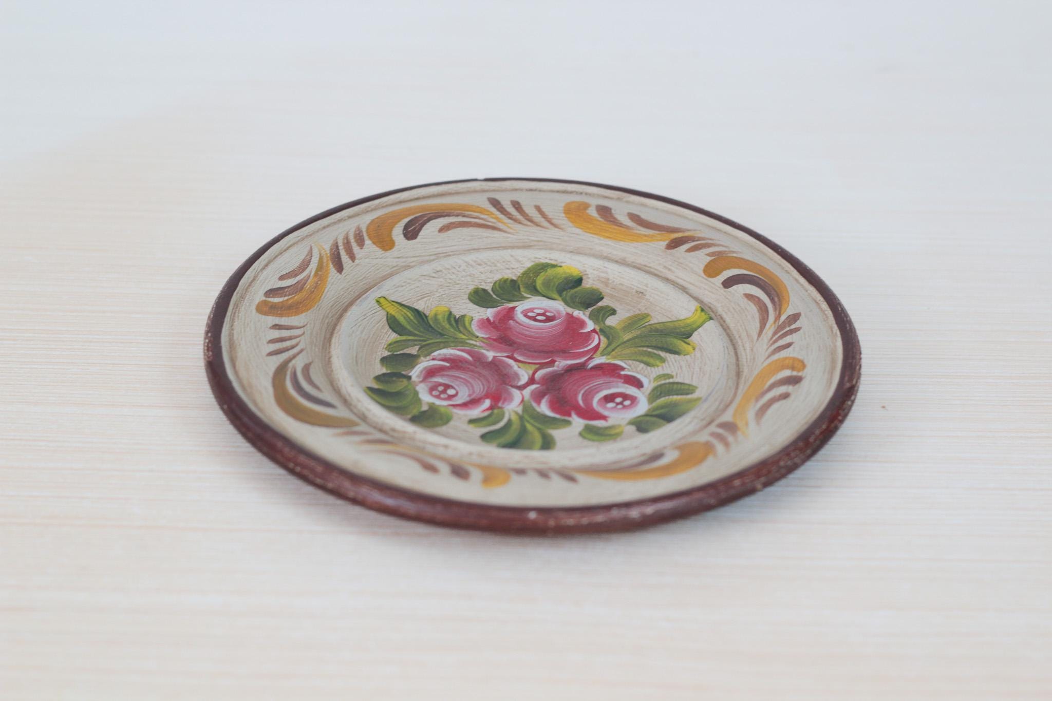 Vintage Hand-Painted Floral Wooden Plate