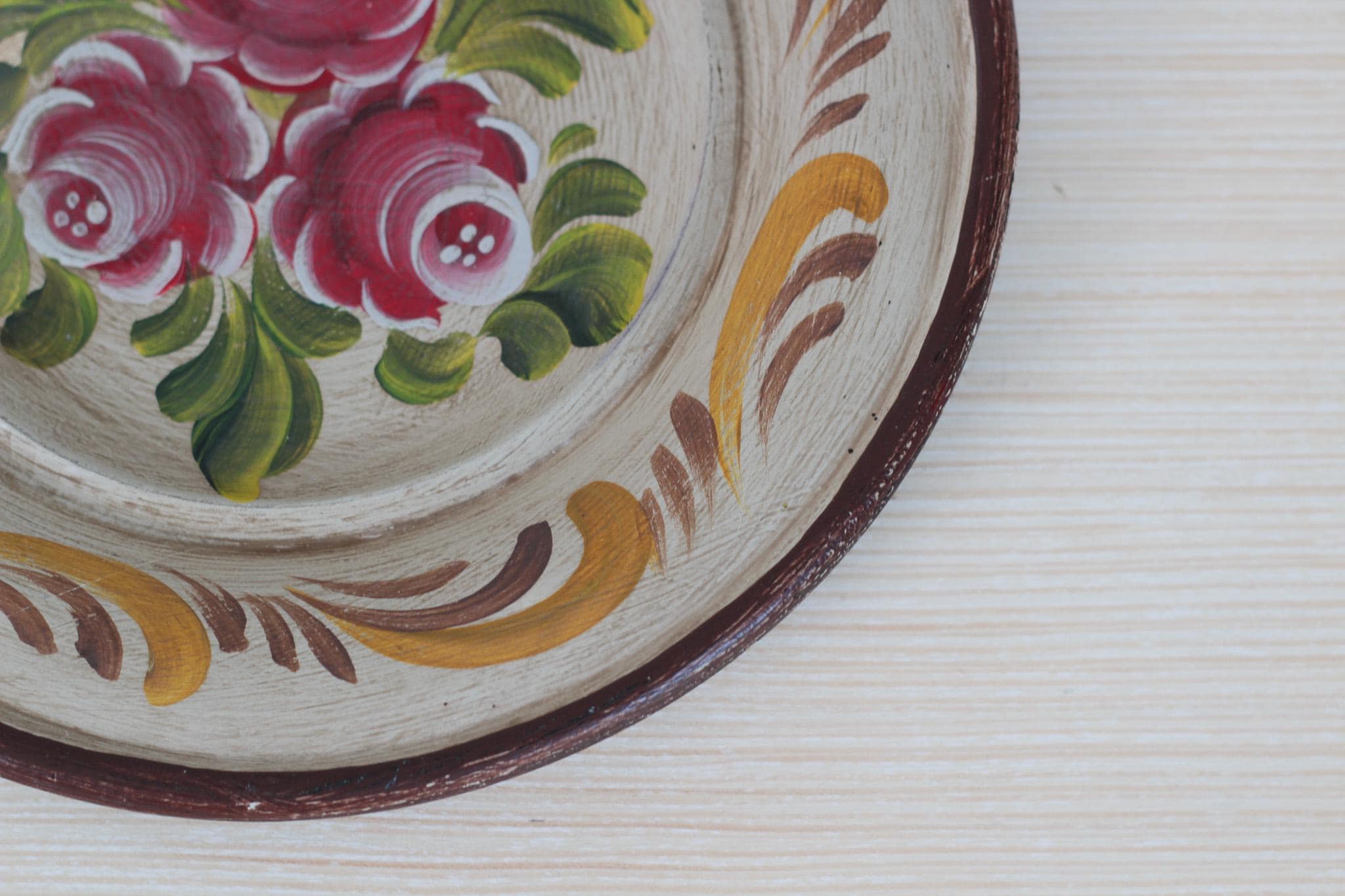 Vintage Hand-Painted Floral Wooden Plate