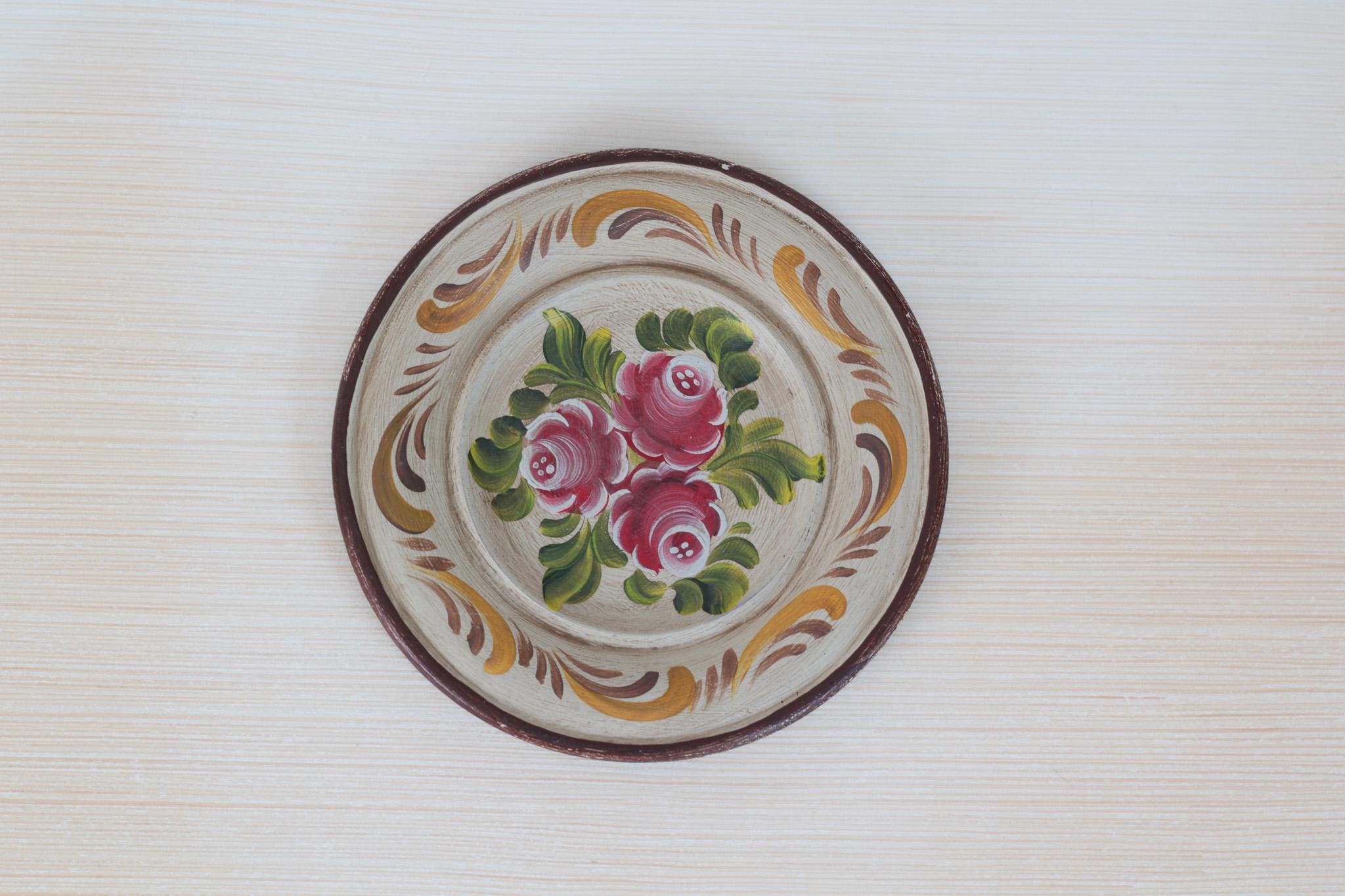 Vintage Hand-Painted Floral Wooden Plate