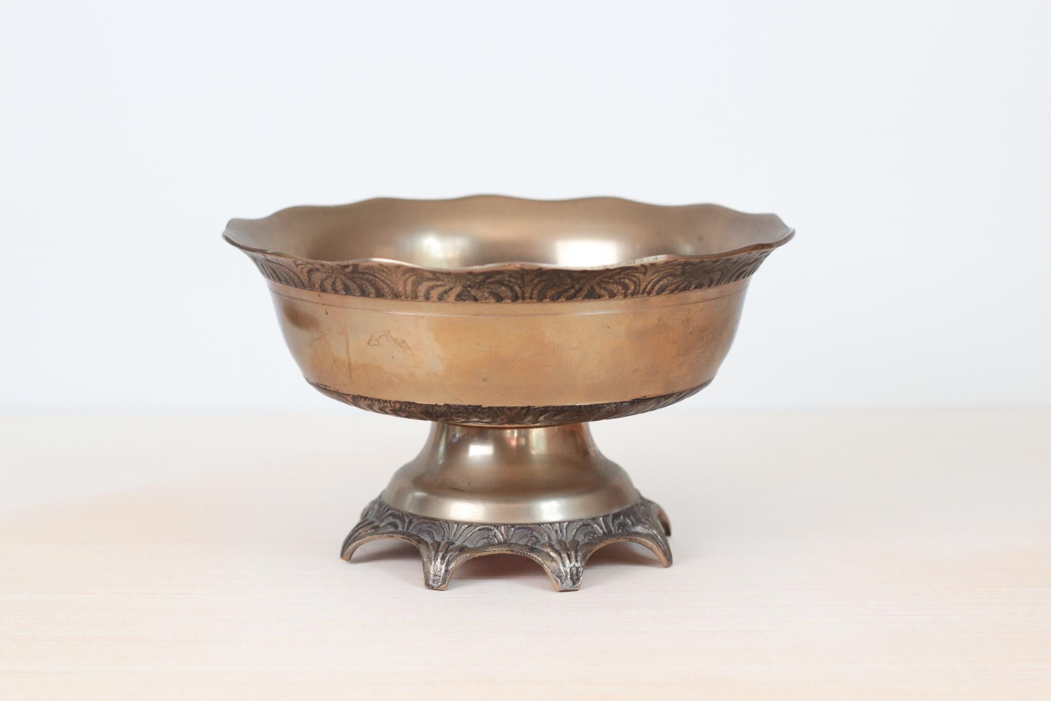 Vintage Solid Brass Pedestal Bowl with Scalloped Rim