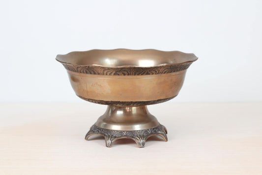 Vintage Solid Brass Pedestal Bowl with Scalloped Rim
