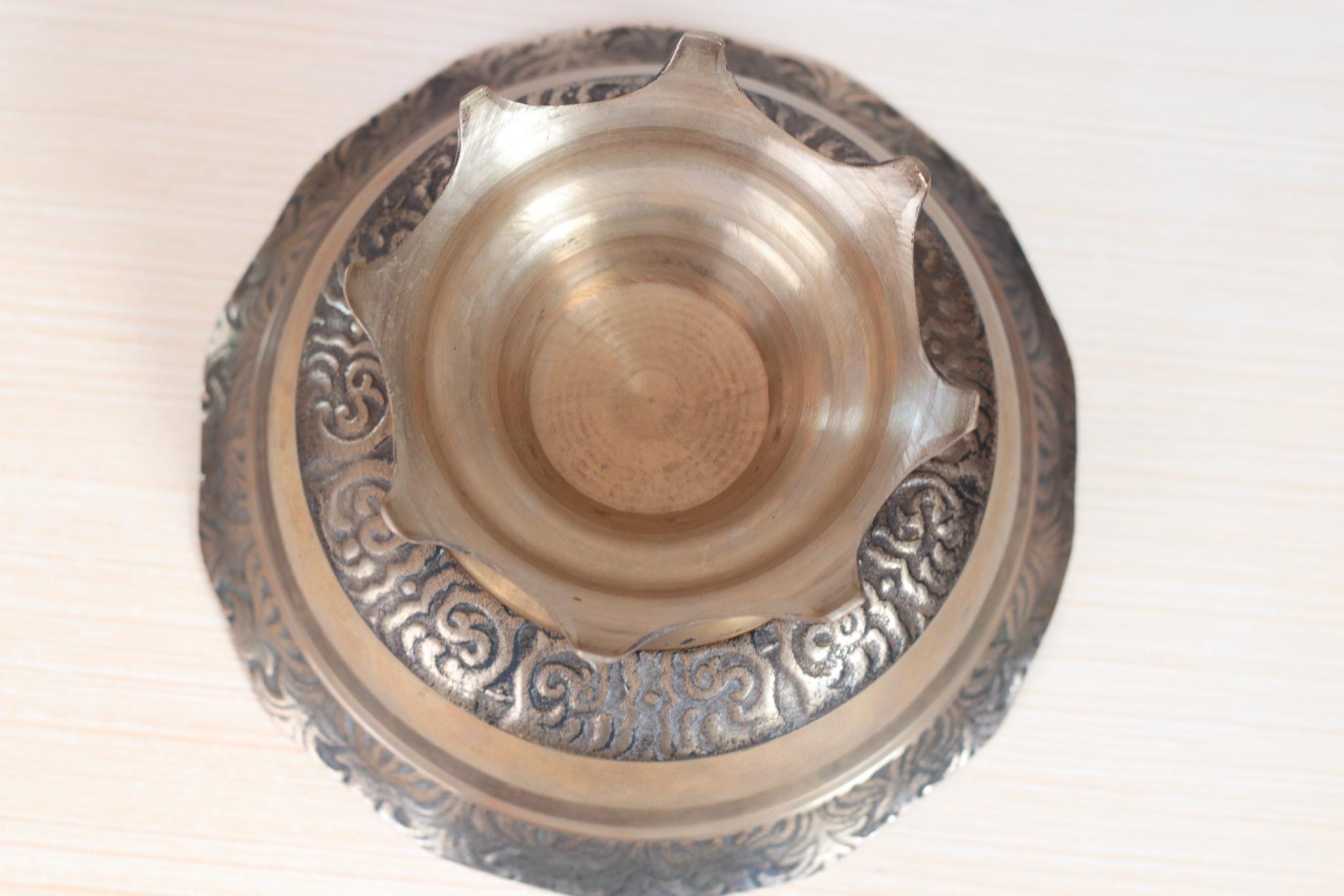 Vintage Solid Brass Pedestal Bowl with Scalloped Rim