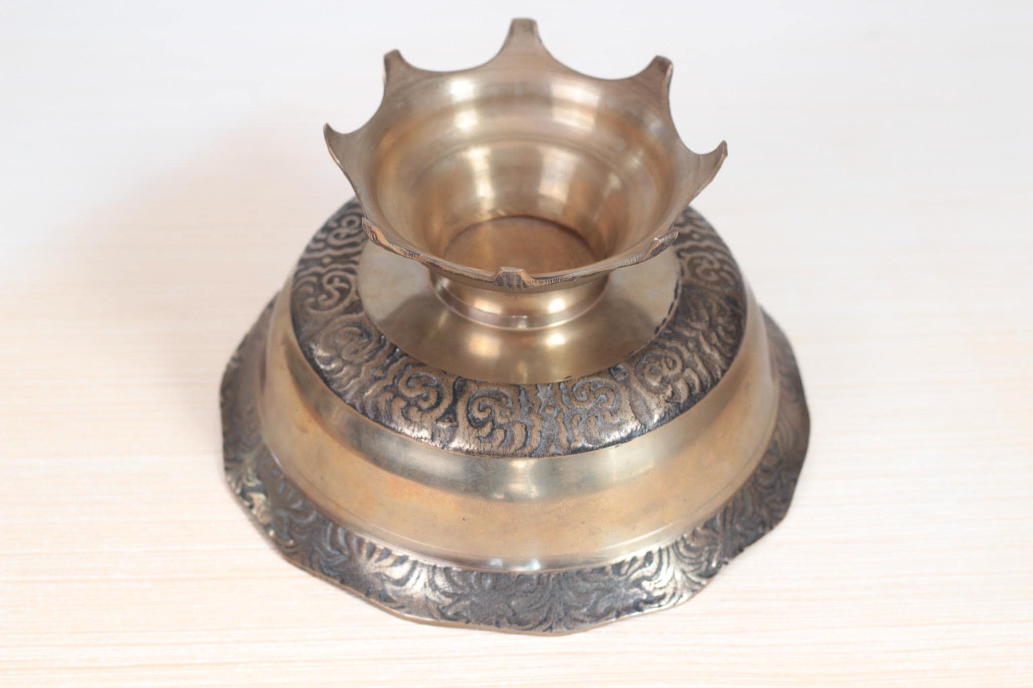 Vintage Solid Brass Pedestal Bowl with Scalloped Rim