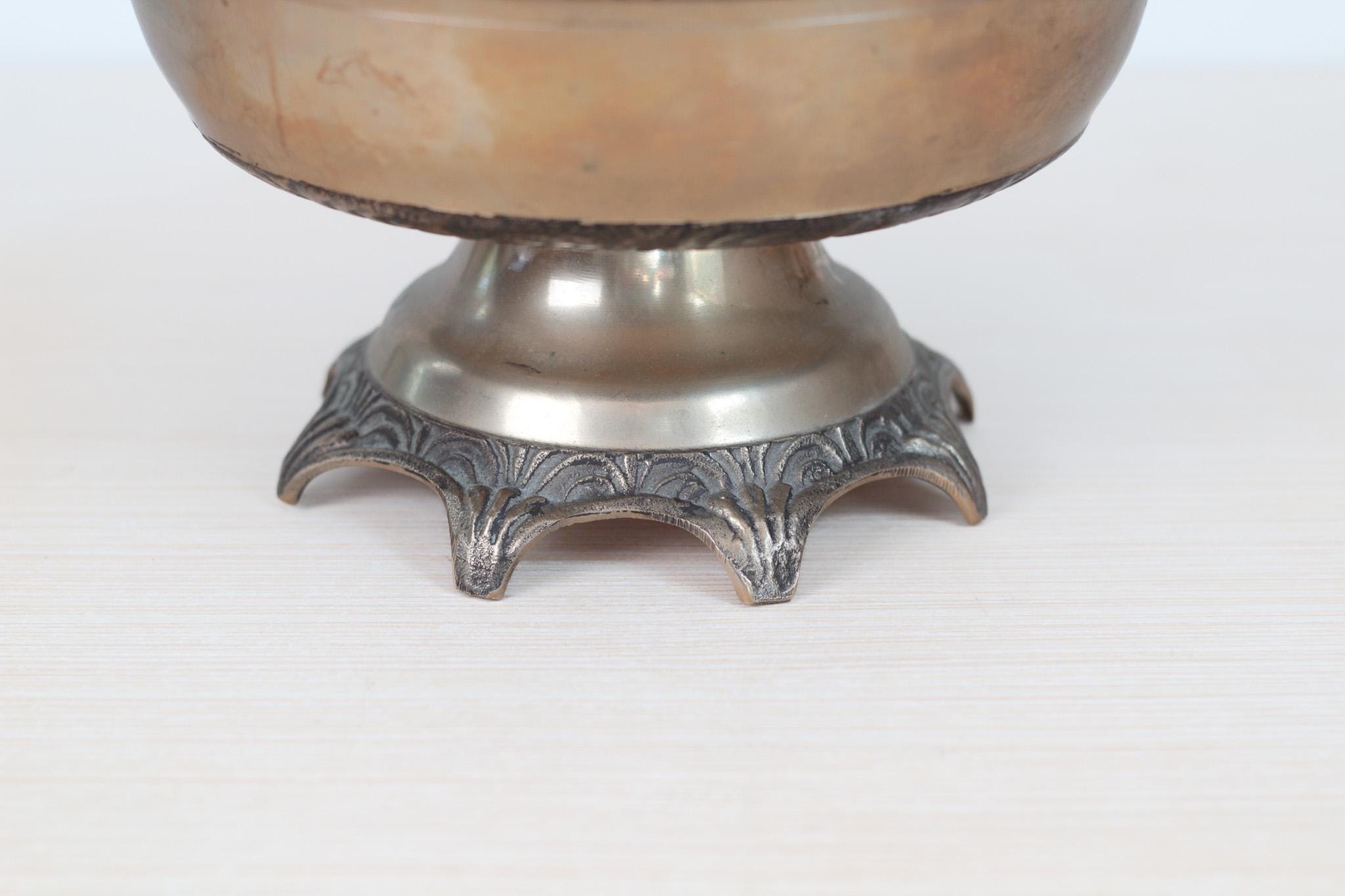 Vintage Solid Brass Pedestal Bowl with Scalloped Rim