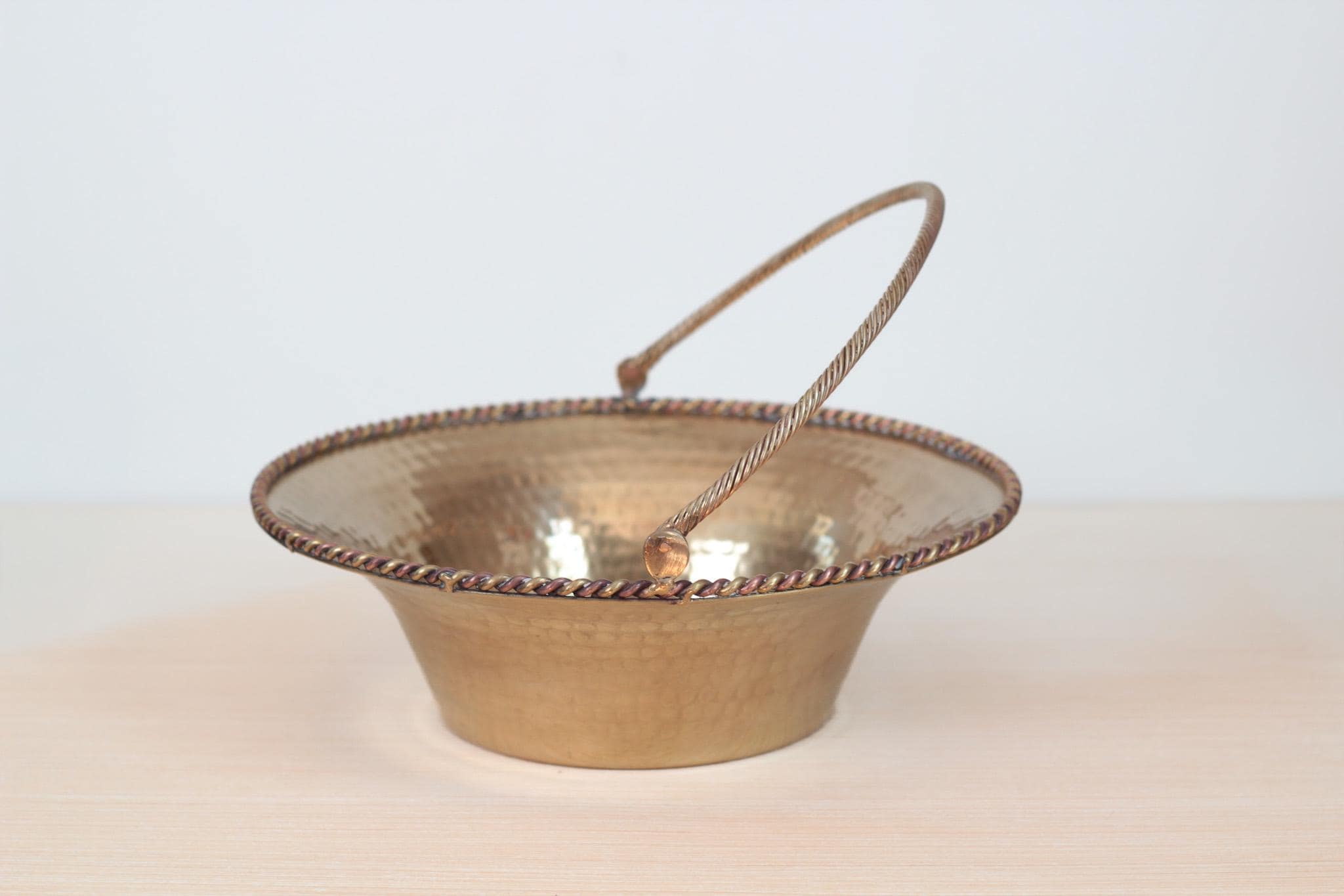 Vintage Hammered Brass Basket Bowl with Swing Handle, Mid-Century Decor