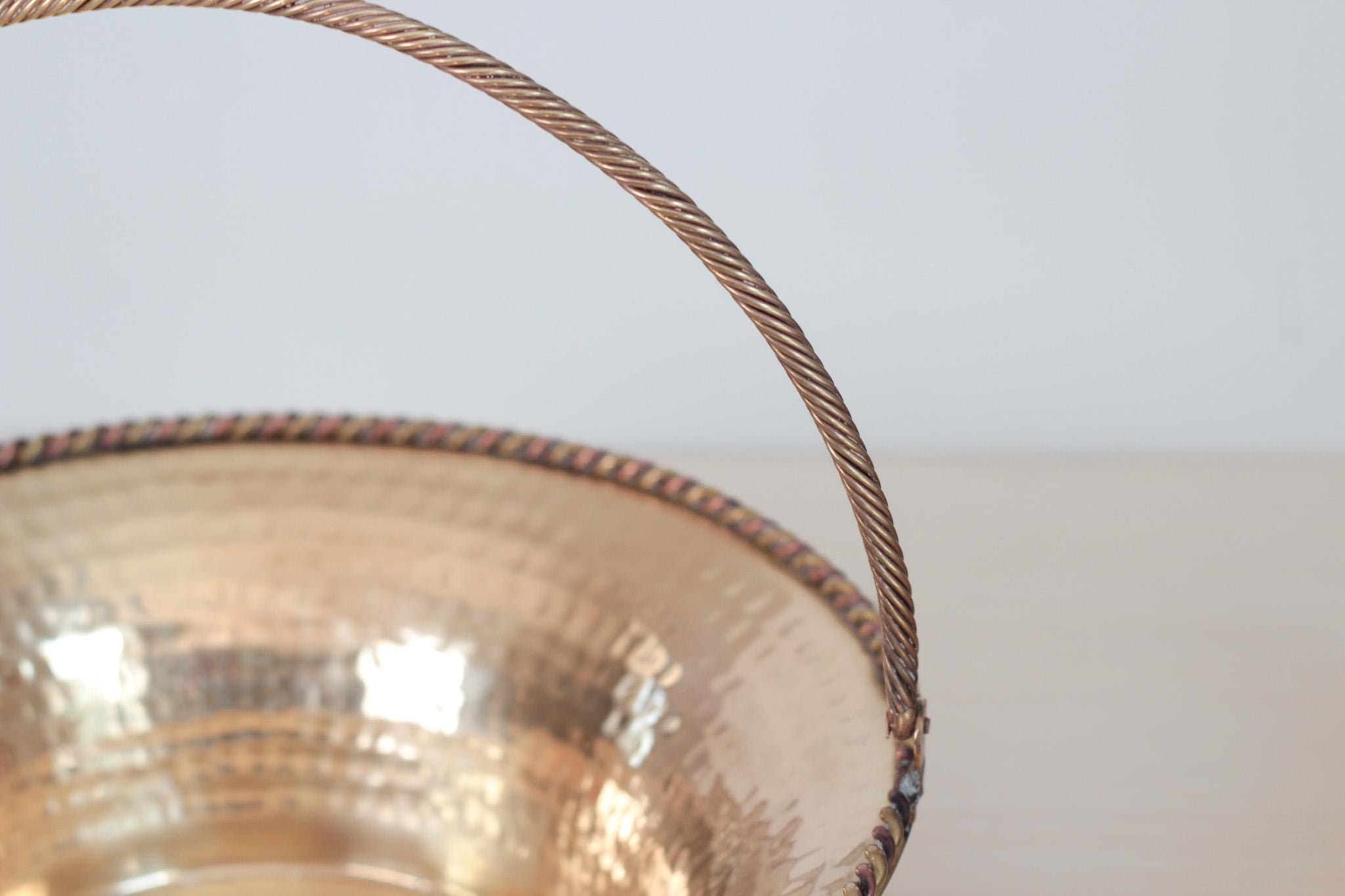 Vintage Hammered Brass Basket Bowl with Swing Handle, Mid-Century Decor