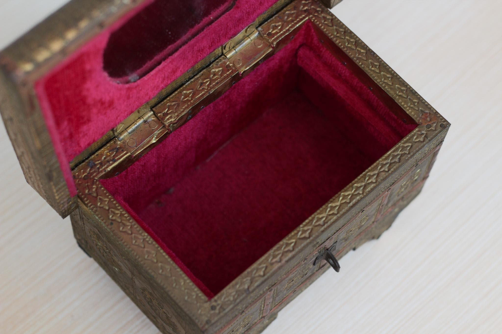 Vintage 1940s Indian Brass and Wood Jewelry Casket Box with Red Velvet Lining & Mirror