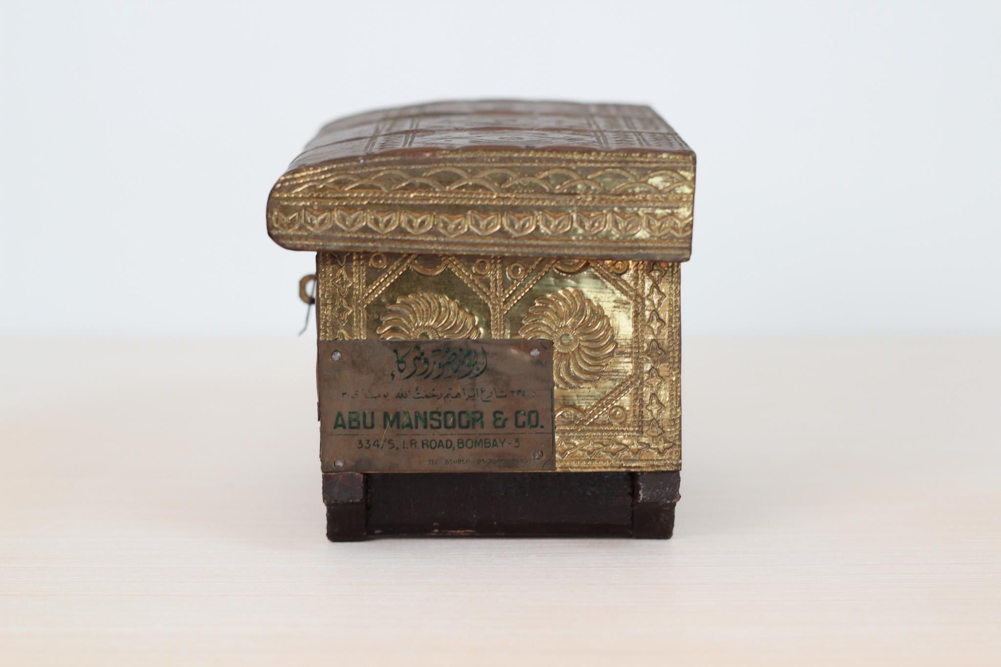 Vintage 1940s Indian Brass and Wood Jewelry Casket Box with Red Velvet Lining & Mirror