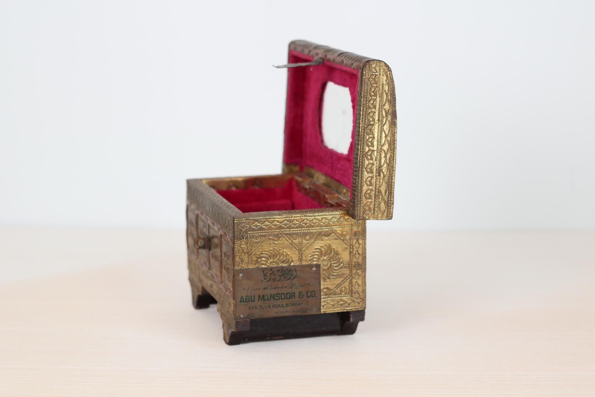 Vintage 1940s Indian Brass and Wood Jewelry Casket Box with Red Velvet Lining & Mirror