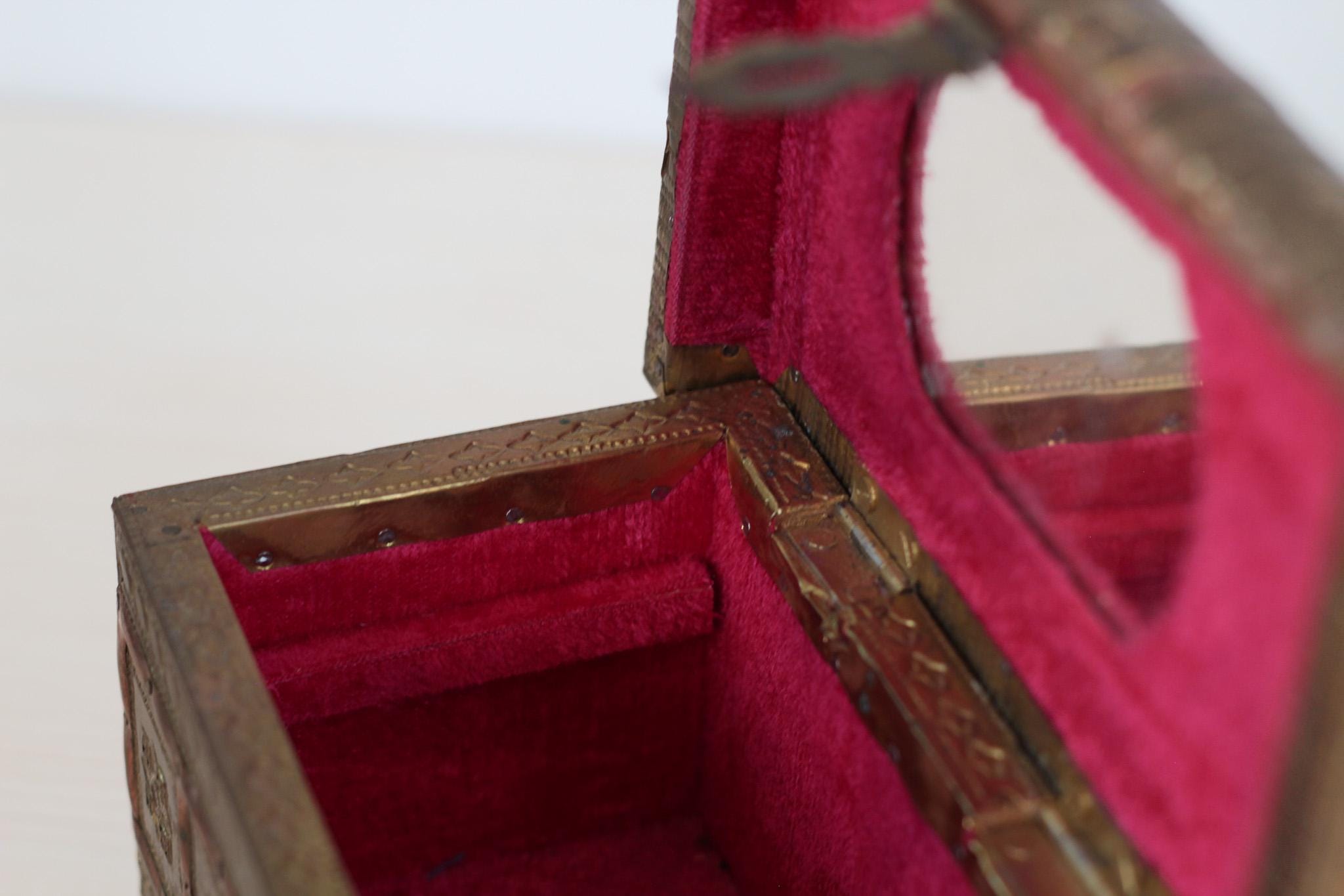 Vintage 1940s Indian Brass and Wood Jewelry Casket Box with Red Velvet Lining & Mirror