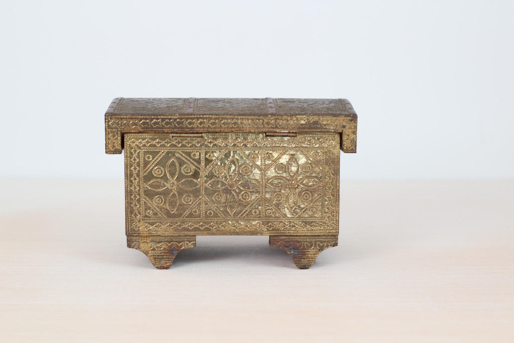 Vintage 1940s Indian Brass and Wood Jewelry Casket Box with Red Velvet Lining & Mirror