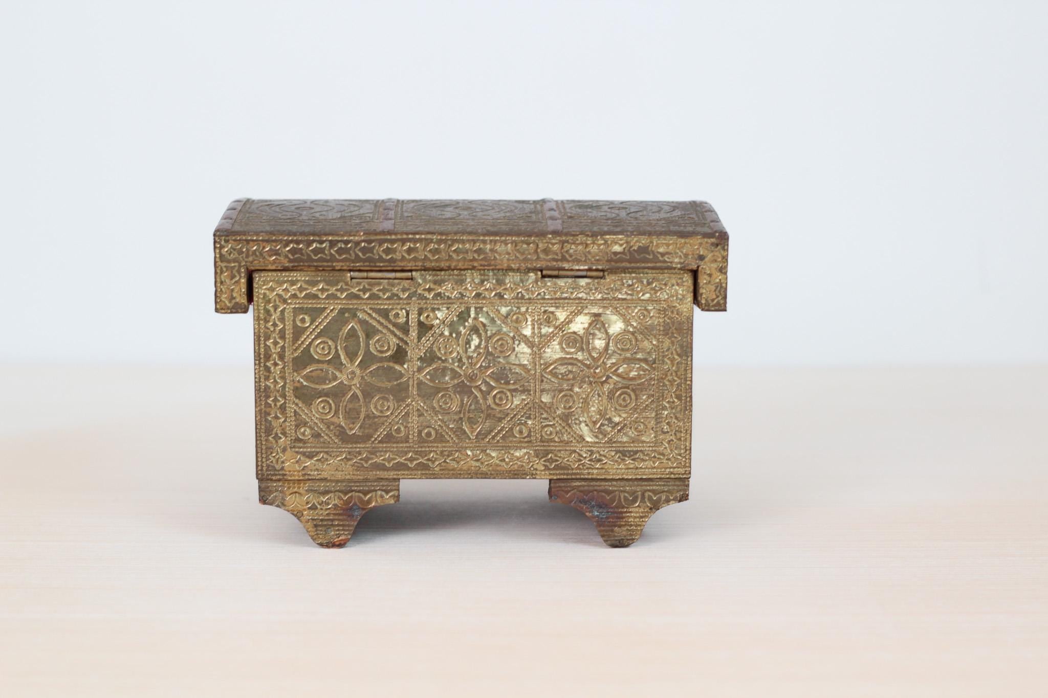 Vintage 1940s Indian Brass and Wood Jewelry Casket Box with Red Velvet Lining & Mirror