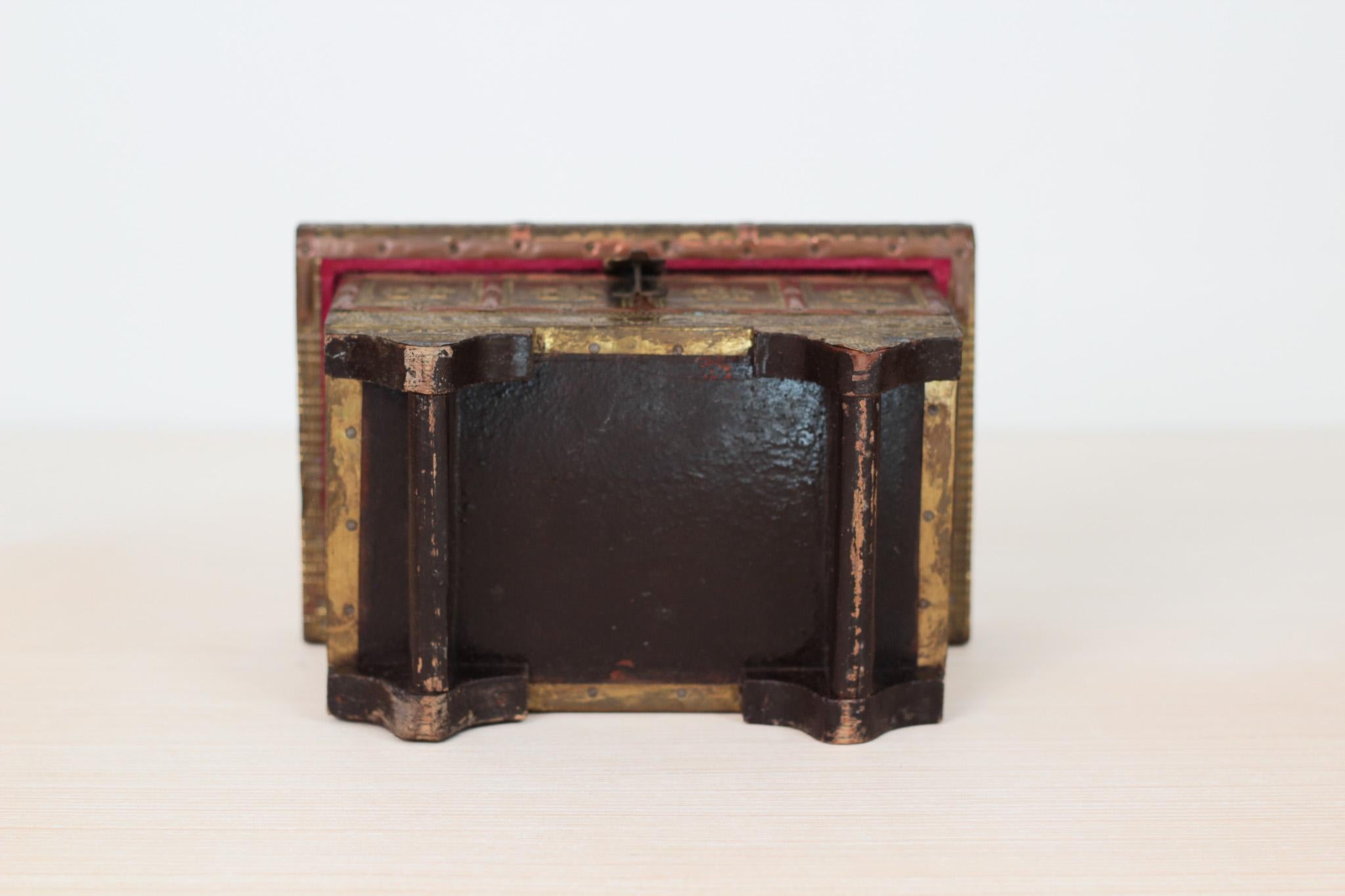 Vintage 1940s Indian Brass and Wood Jewelry Casket Box with Red Velvet Lining & Mirror