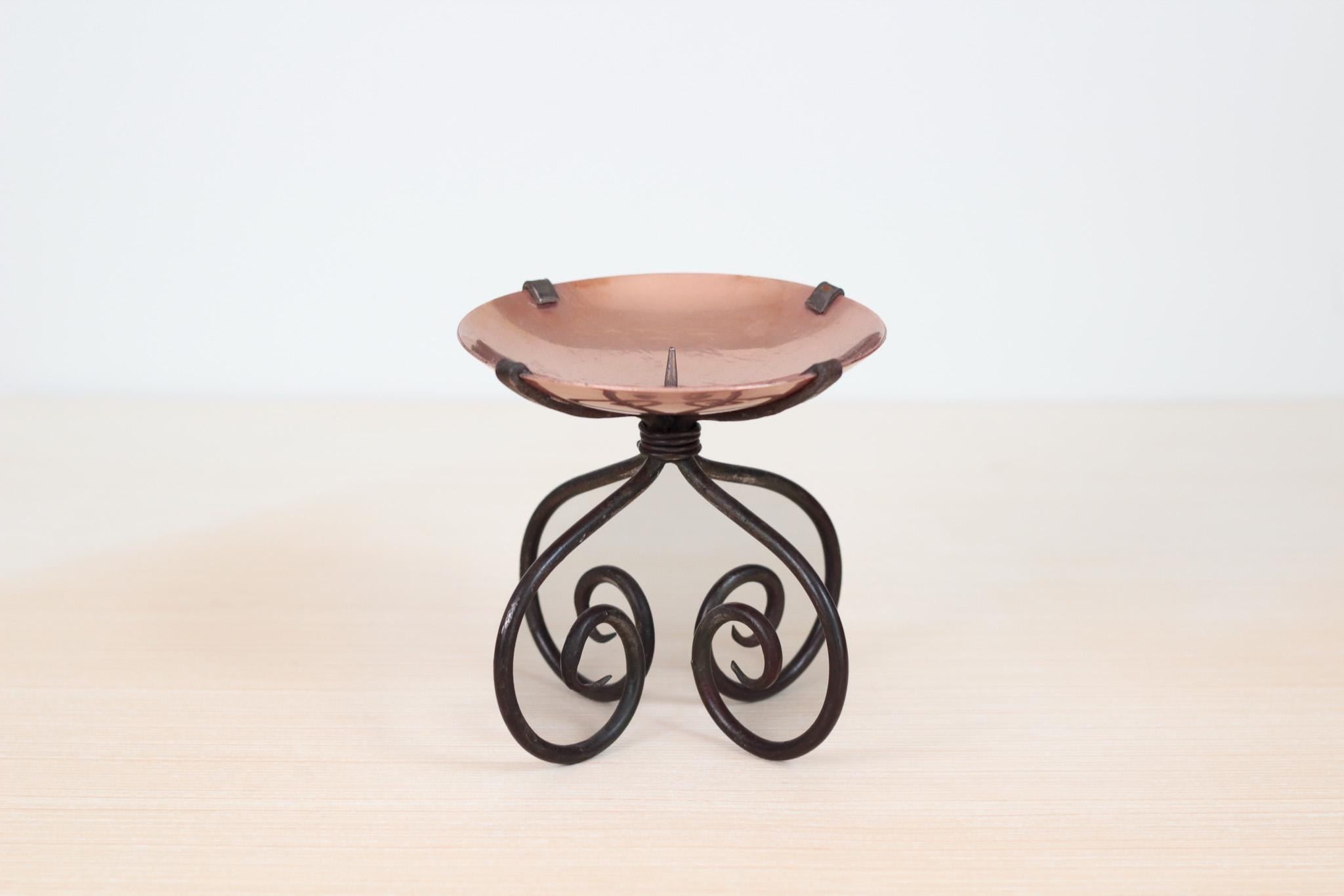 Vintage Copper & Wrought Iron Pillar Candle Holder with Scroll Base