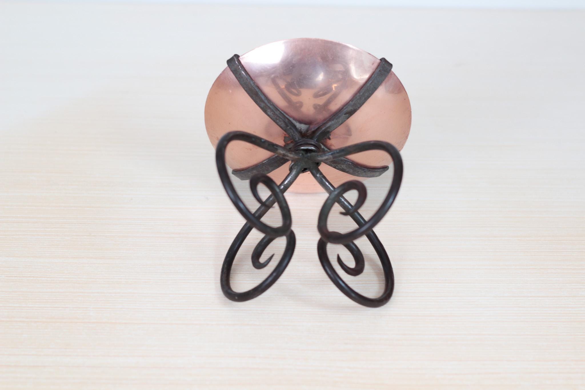 Vintage Copper & Wrought Iron Pillar Candle Holder with Scroll Base