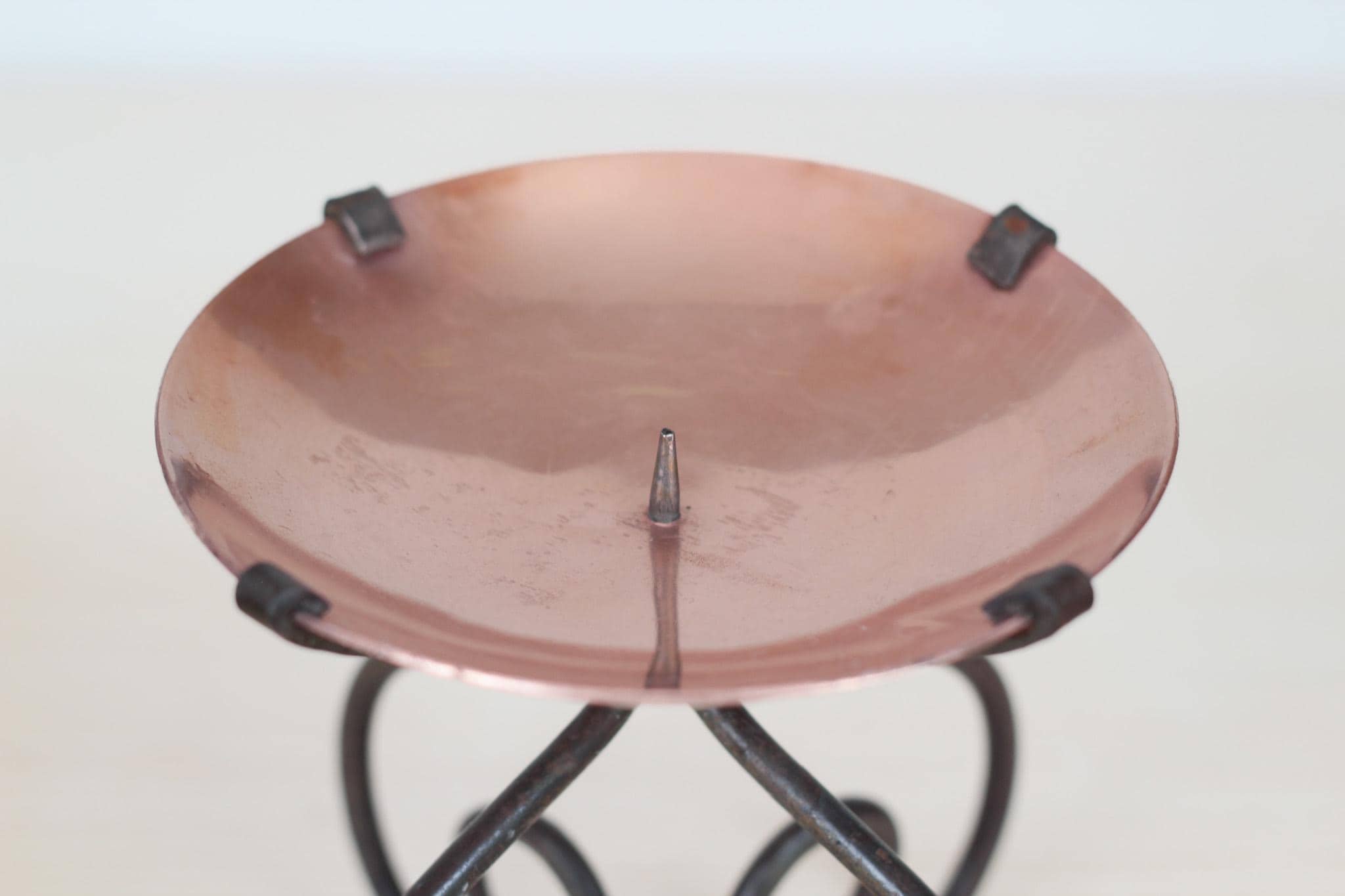 Vintage Copper & Wrought Iron Pillar Candle Holder with Scroll Base