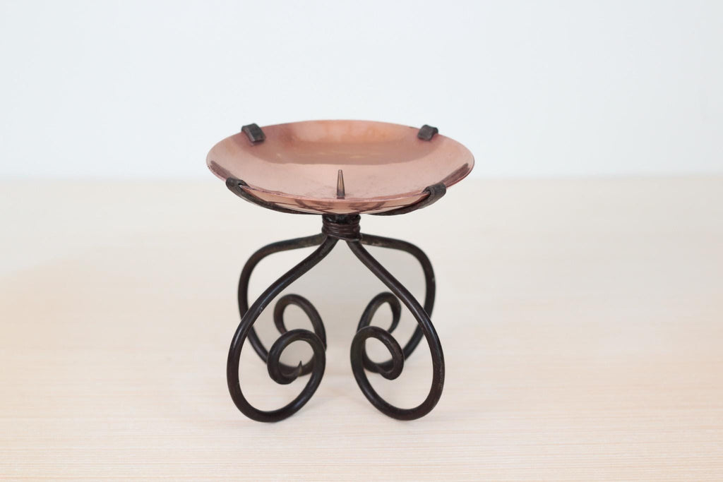 Vintage Copper & Wrought Iron Pillar Candle Holder with Scroll Base