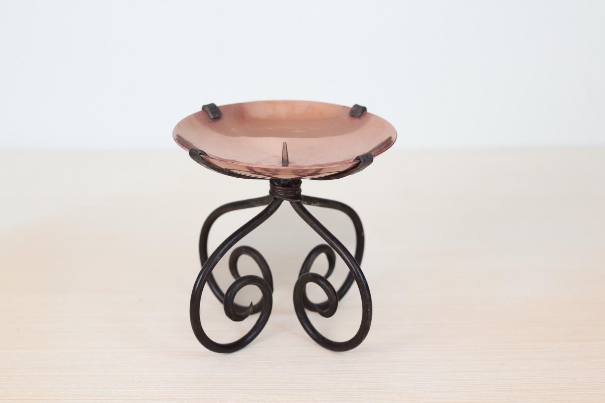 Vintage Copper & Wrought Iron Pillar Candle Holder with Scroll Base