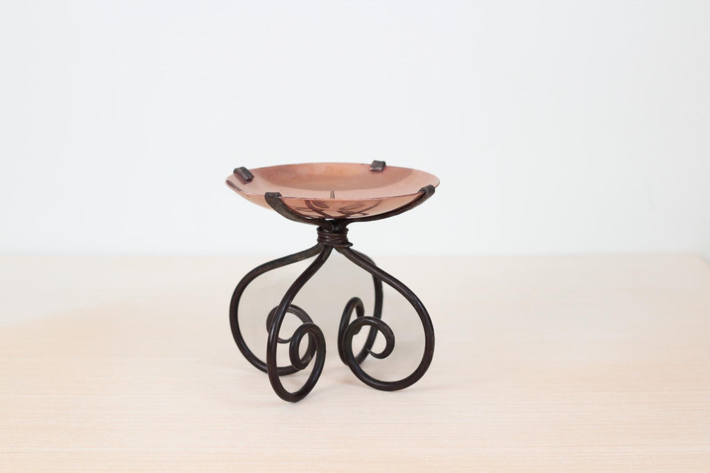 Vintage Copper & Wrought Iron Pillar Candle Holder with Scroll Base
