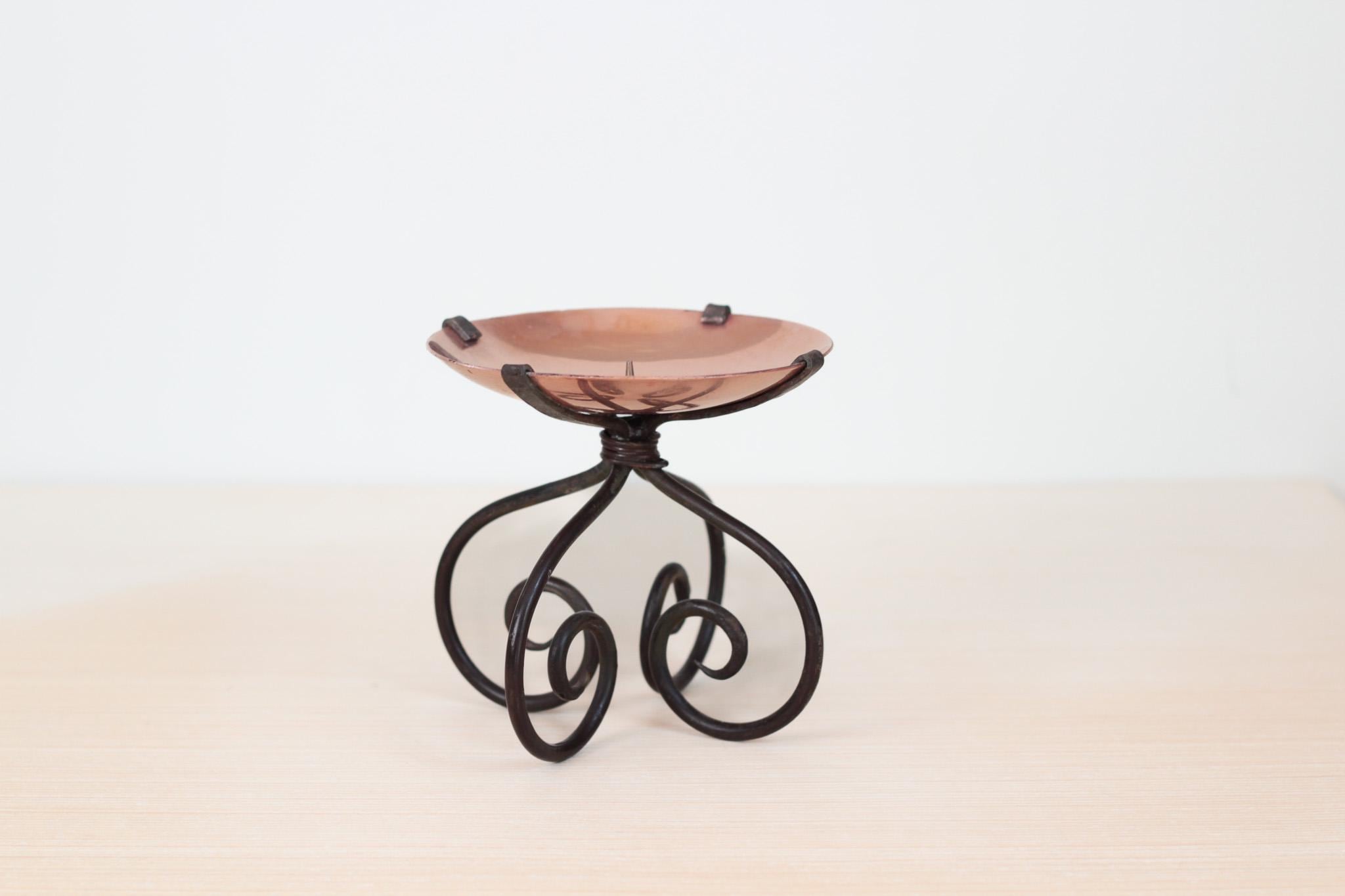 Vintage Copper & Wrought Iron Pillar Candle Holder with Scroll Base