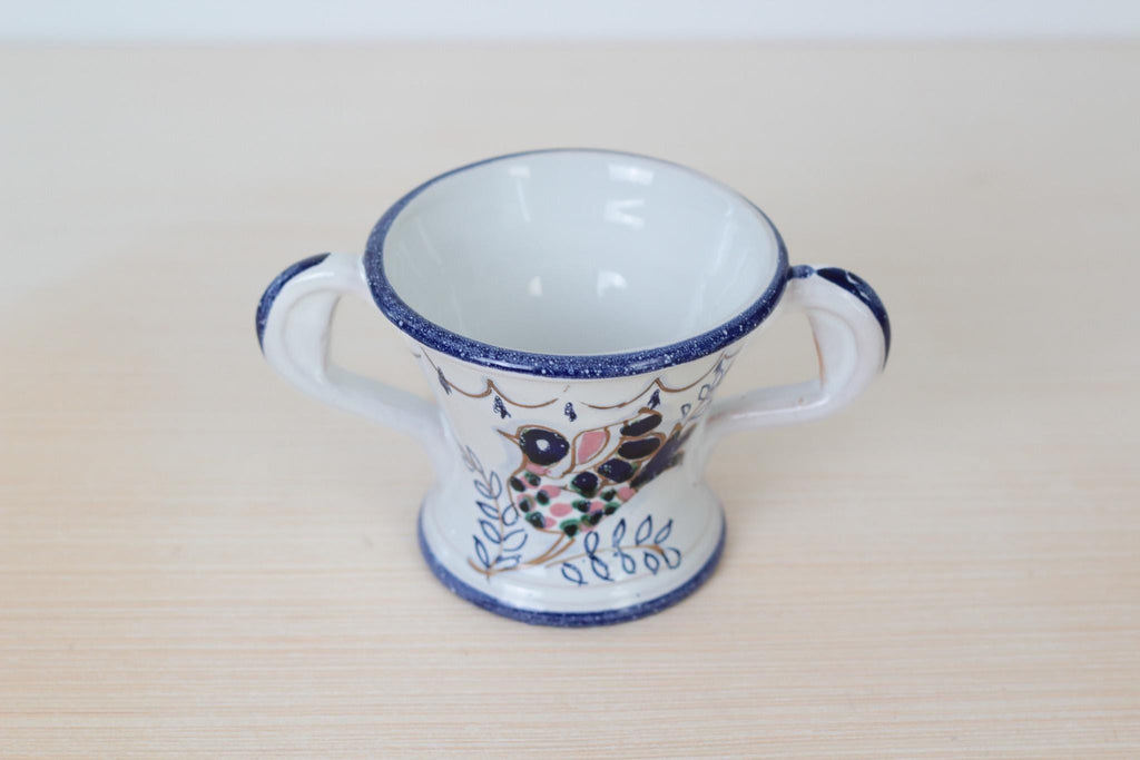 Vintage Italian Majolica Pottery Loving Cup with Hand-Painted Bird Motif