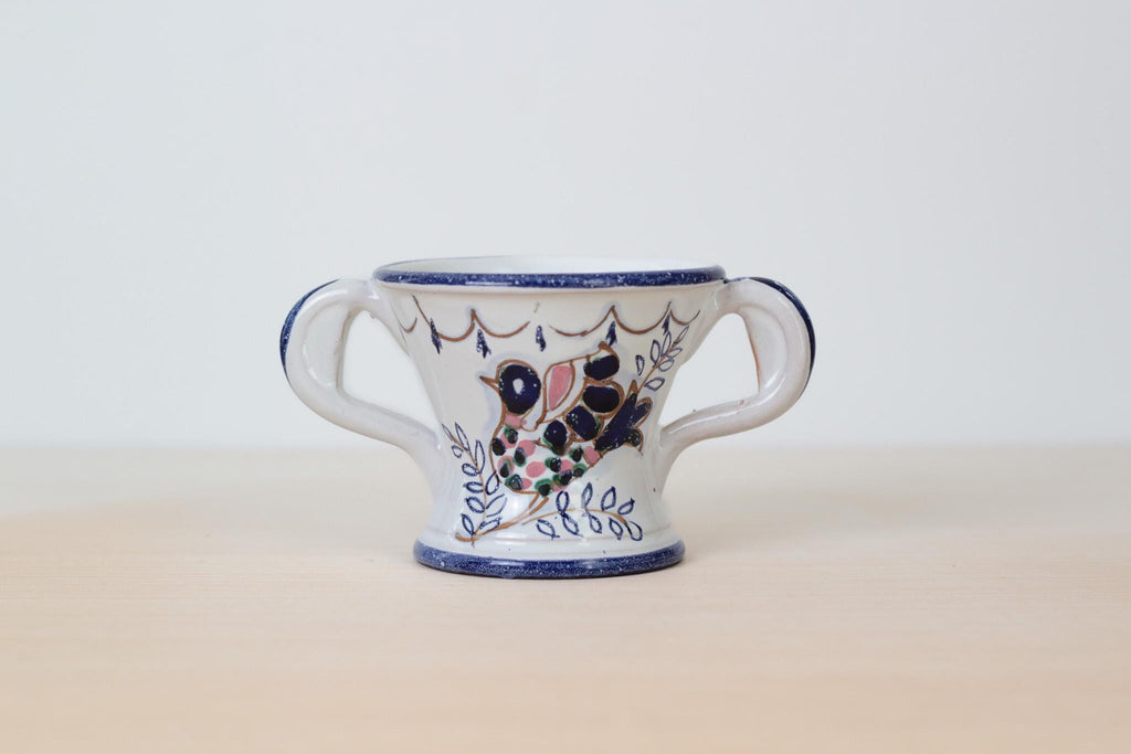 Vintage Italian Majolica Pottery Loving Cup with Hand-Painted Bird Motif