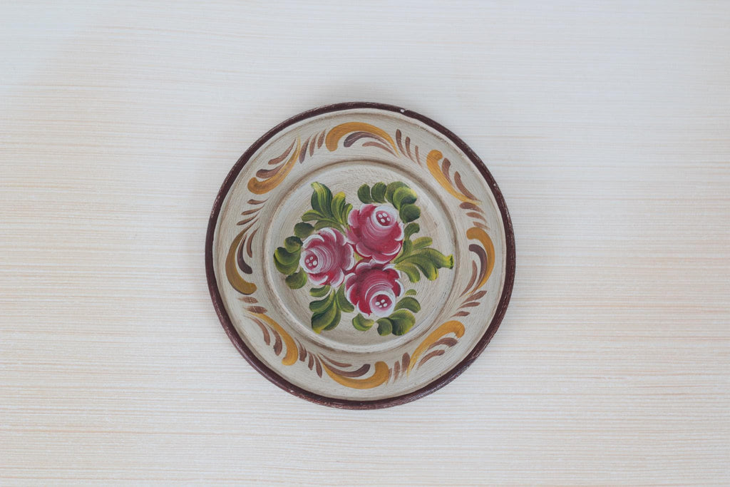 Vintage Hand-Painted Floral Wooden Plate