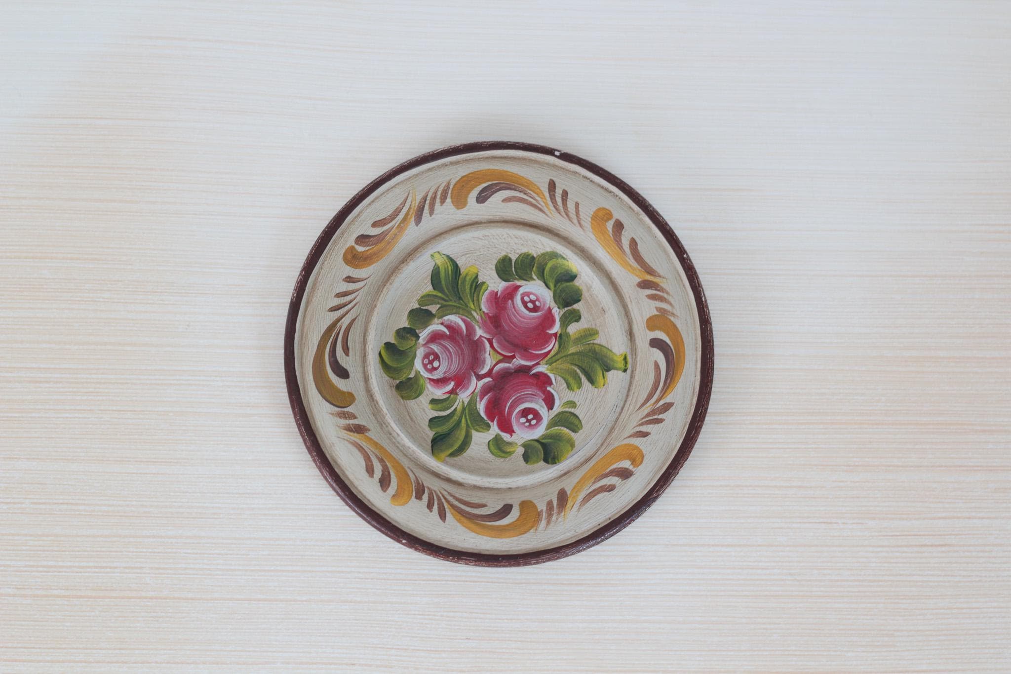 Vintage Hand-Painted Floral Wooden Plate