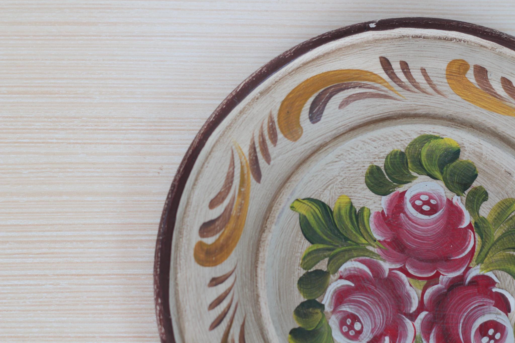 Vintage Hand-Painted Floral Wooden Plate