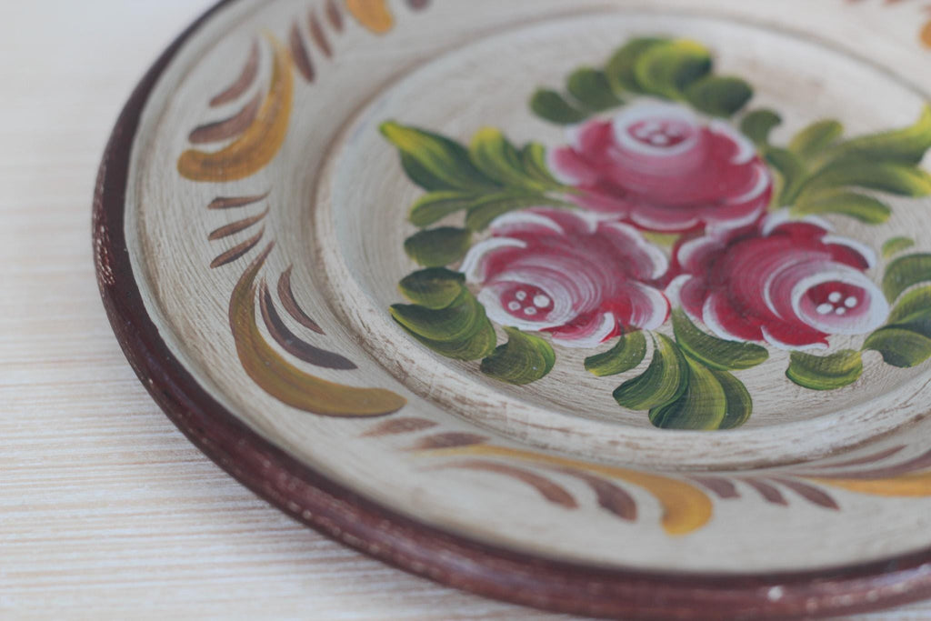 Vintage Hand-Painted Floral Wooden Plate