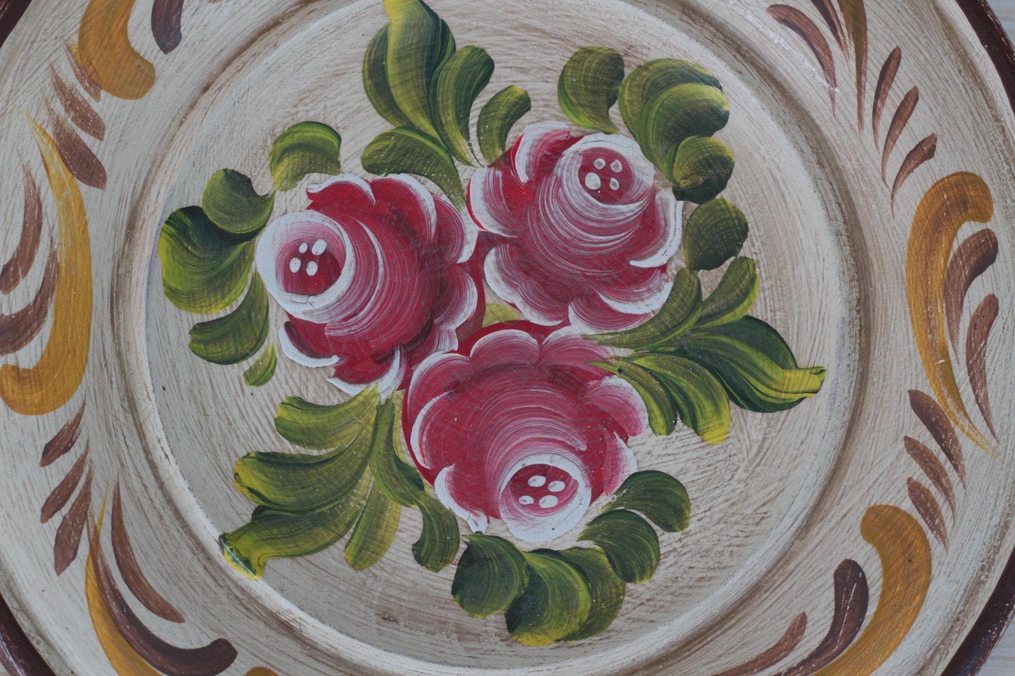 Vintage Hand-Painted Floral Wooden Plate