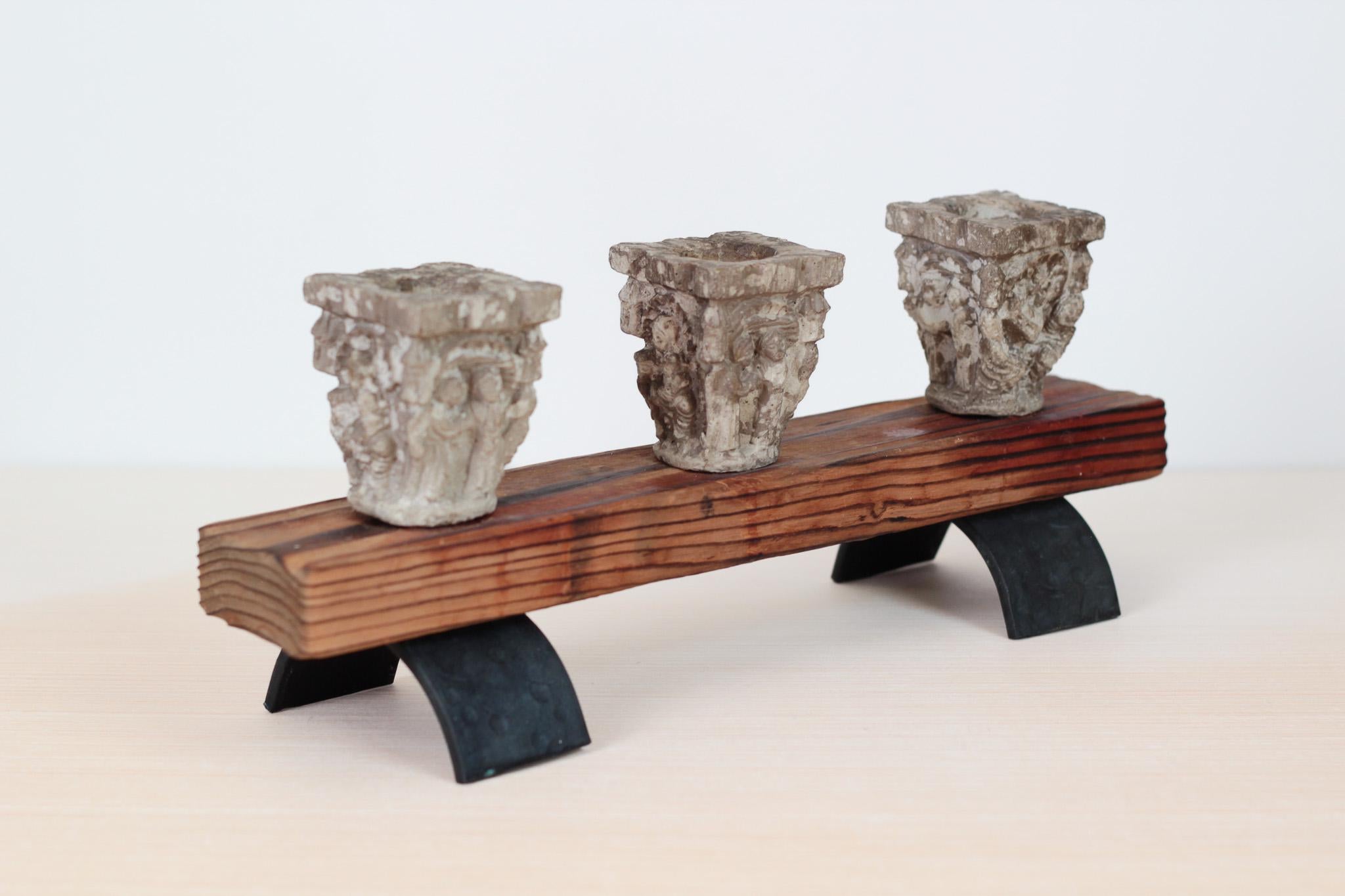 Vintage Rustic Candle Holder with Architectural Capitals, Medieval-Revival Decor