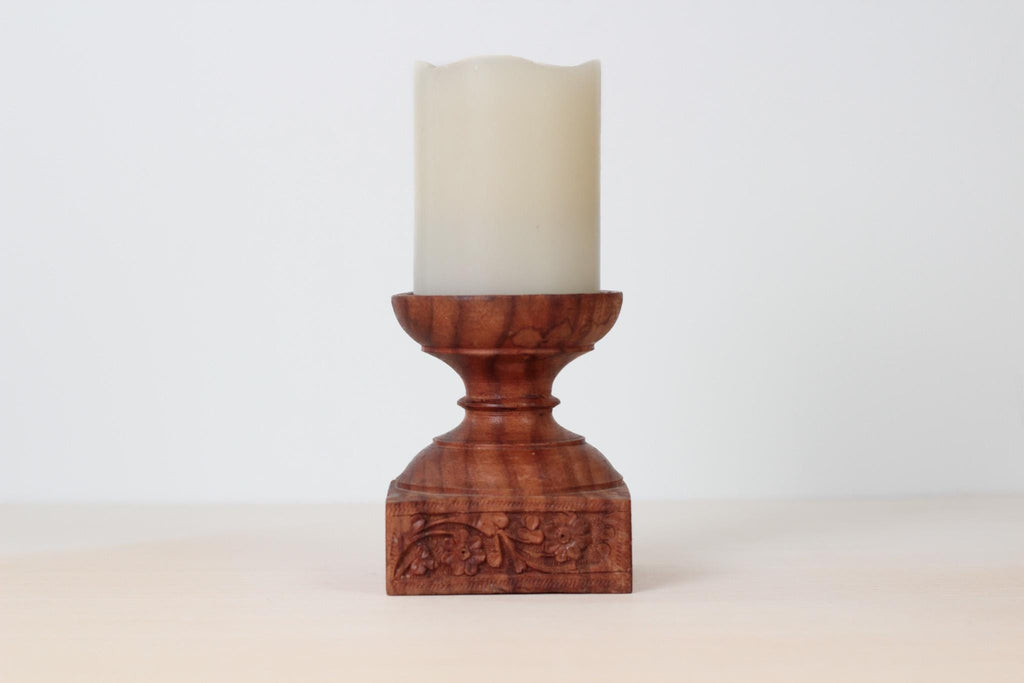 Vintage Hand-Carved Rosewood Pillar Candle Holder, Made in India