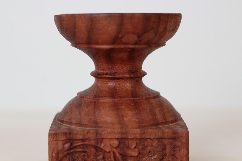 Vintage Hand-Carved Rosewood Pillar Candle Holder, Made in India