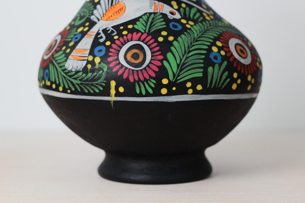 Vintage Large Hand-Painted Mexican Ceramic Vase with Bird and Floral Motifs