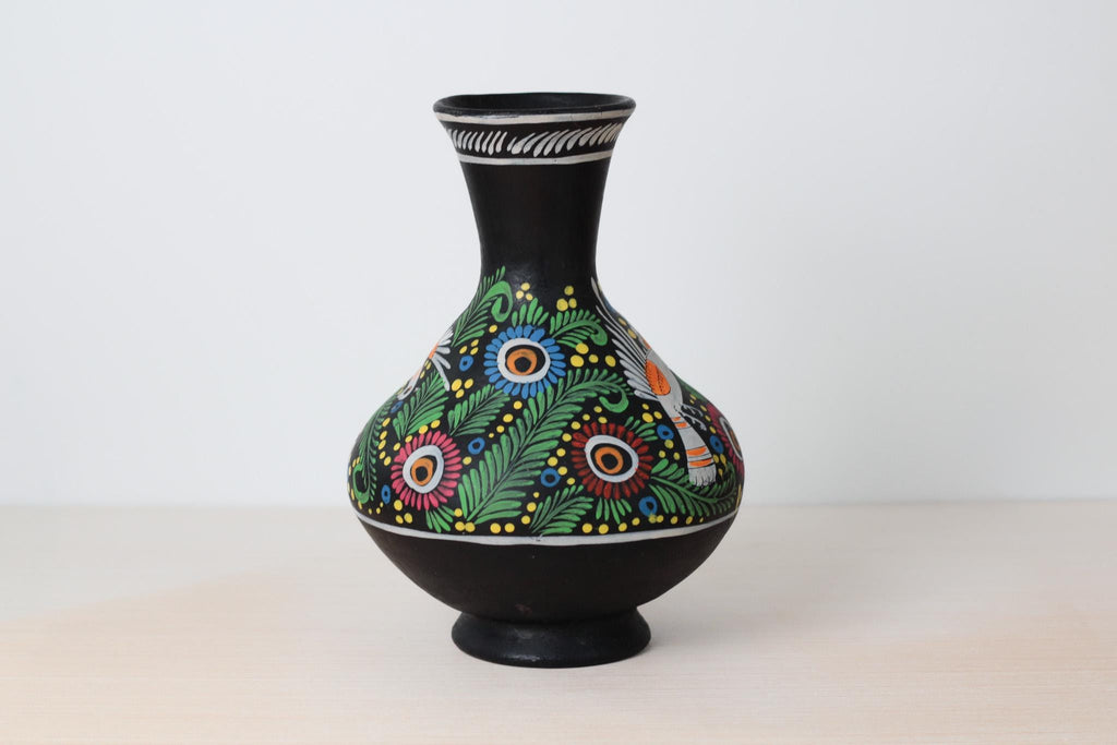 Vintage Large Hand-Painted Mexican Ceramic Vase with Bird and Floral Motifs