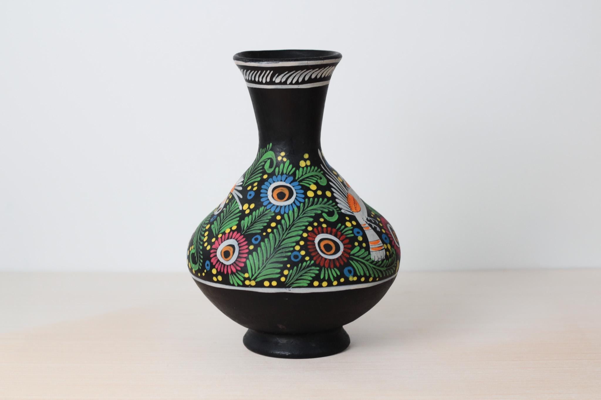 Vintage Large Hand-Painted Mexican Ceramic Vase with Bird and Floral Motifs