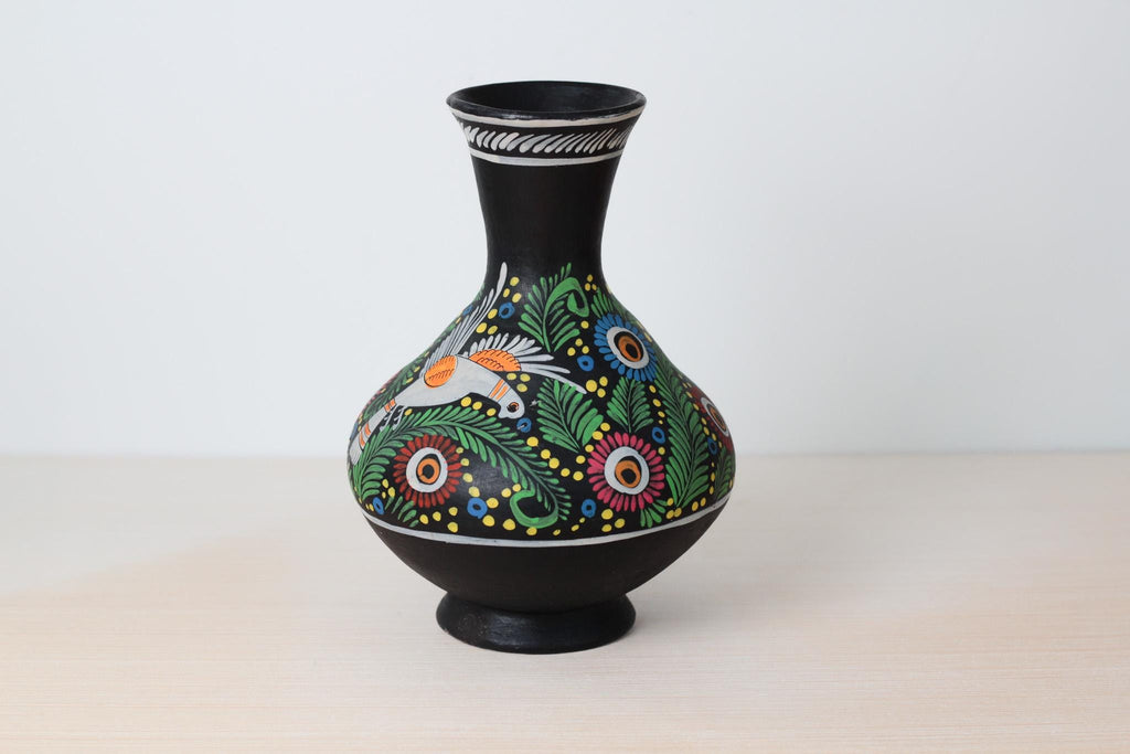 Vintage Large Hand-Painted Mexican Ceramic Vase with Bird and Floral Motifs