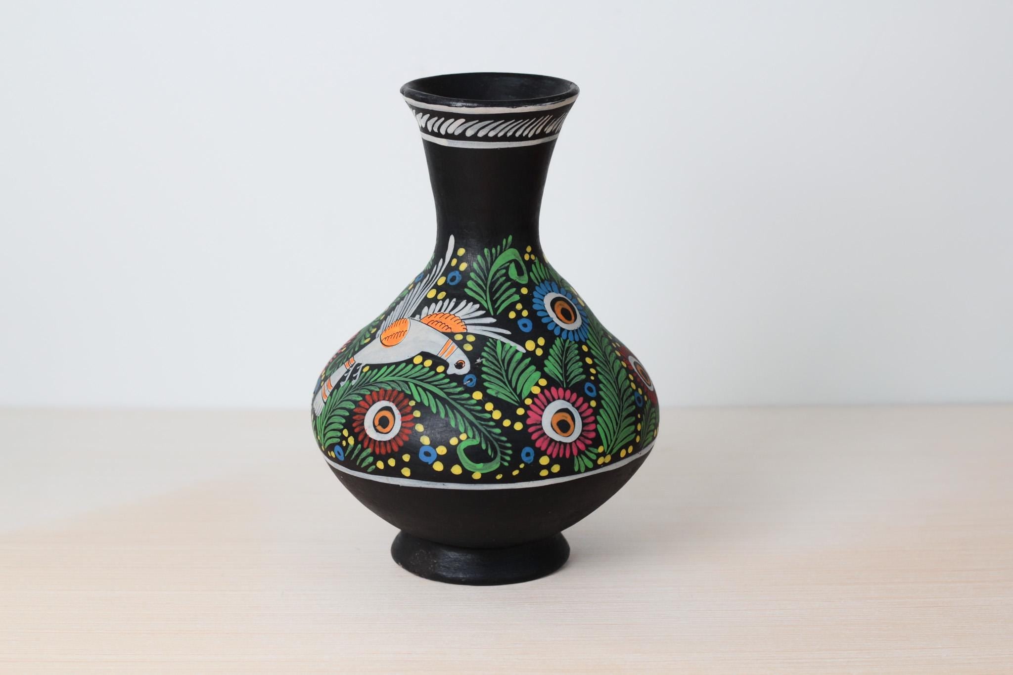 Vintage Large Hand-Painted Mexican Ceramic Vase with Bird and Floral Motifs