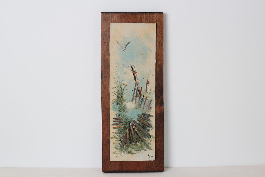 Vintage Coastal Seascape Painting on Wood, Signed by Artist