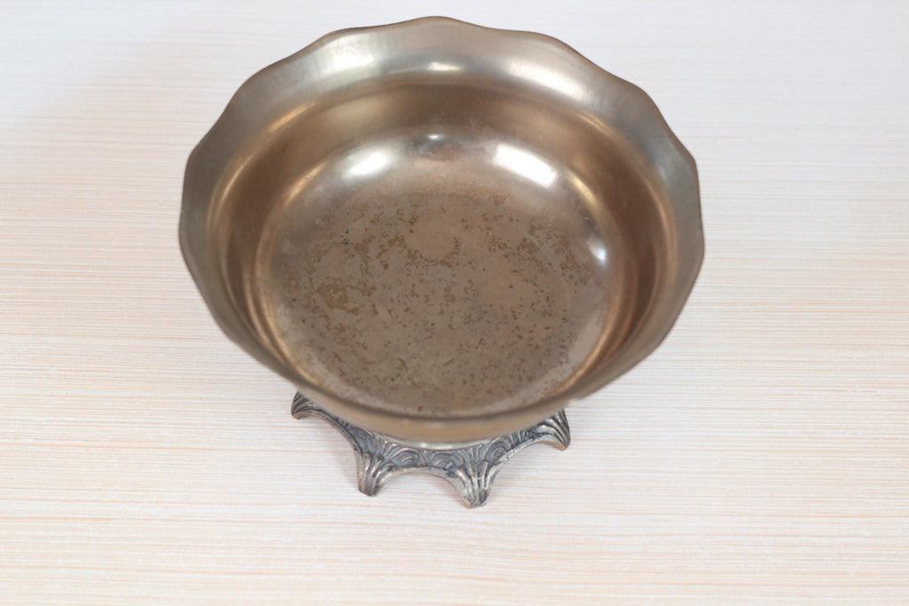 Vintage Solid Brass Pedestal Bowl with Scalloped Rim