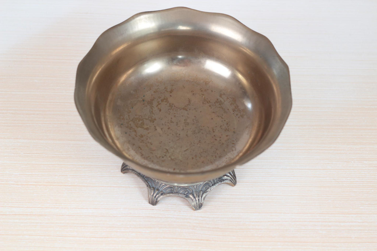 Vintage Solid Brass Pedestal Bowl with Scalloped Rim