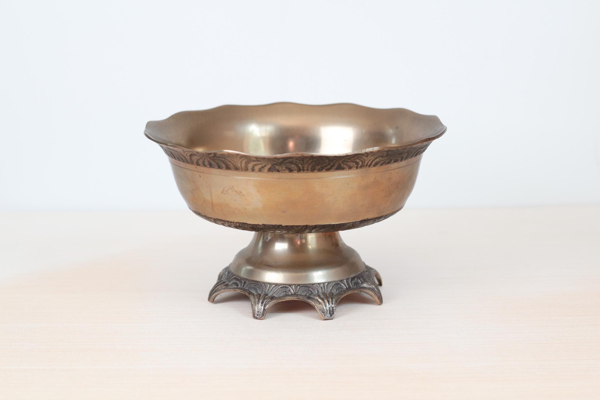Vintage Solid Brass Pedestal Bowl with Scalloped Rim