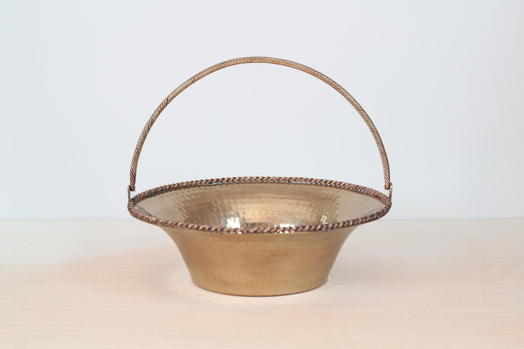 Vintage Hammered Brass Basket Bowl with Swing Handle, Mid-Century Decor
