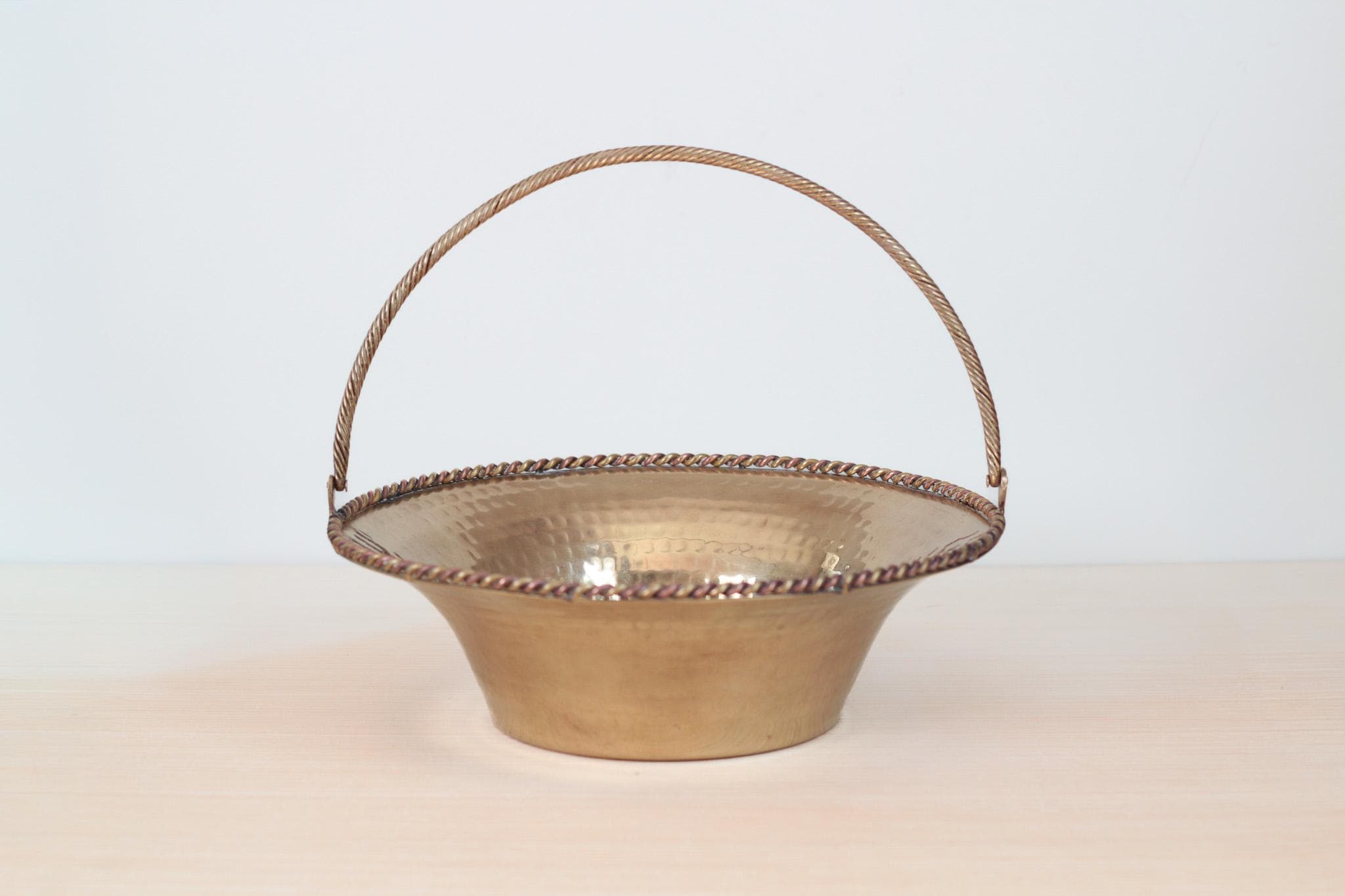 Vintage Hammered Brass Basket Bowl with Swing Handle, Mid-Century Decor