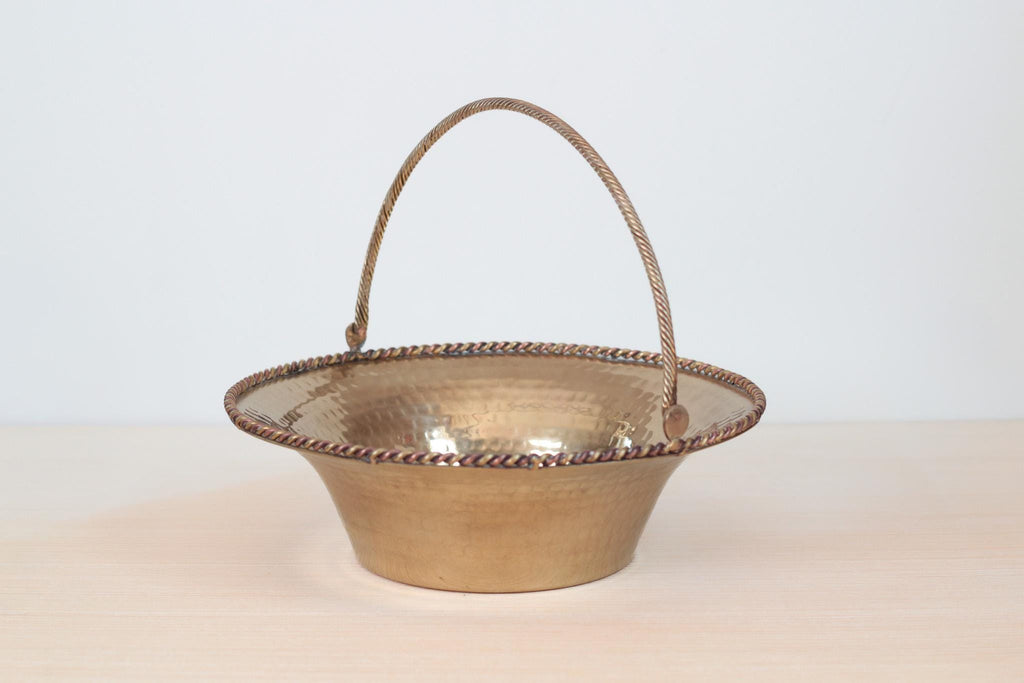 Vintage Hammered Brass Basket Bowl with Swing Handle, Mid-Century Decor