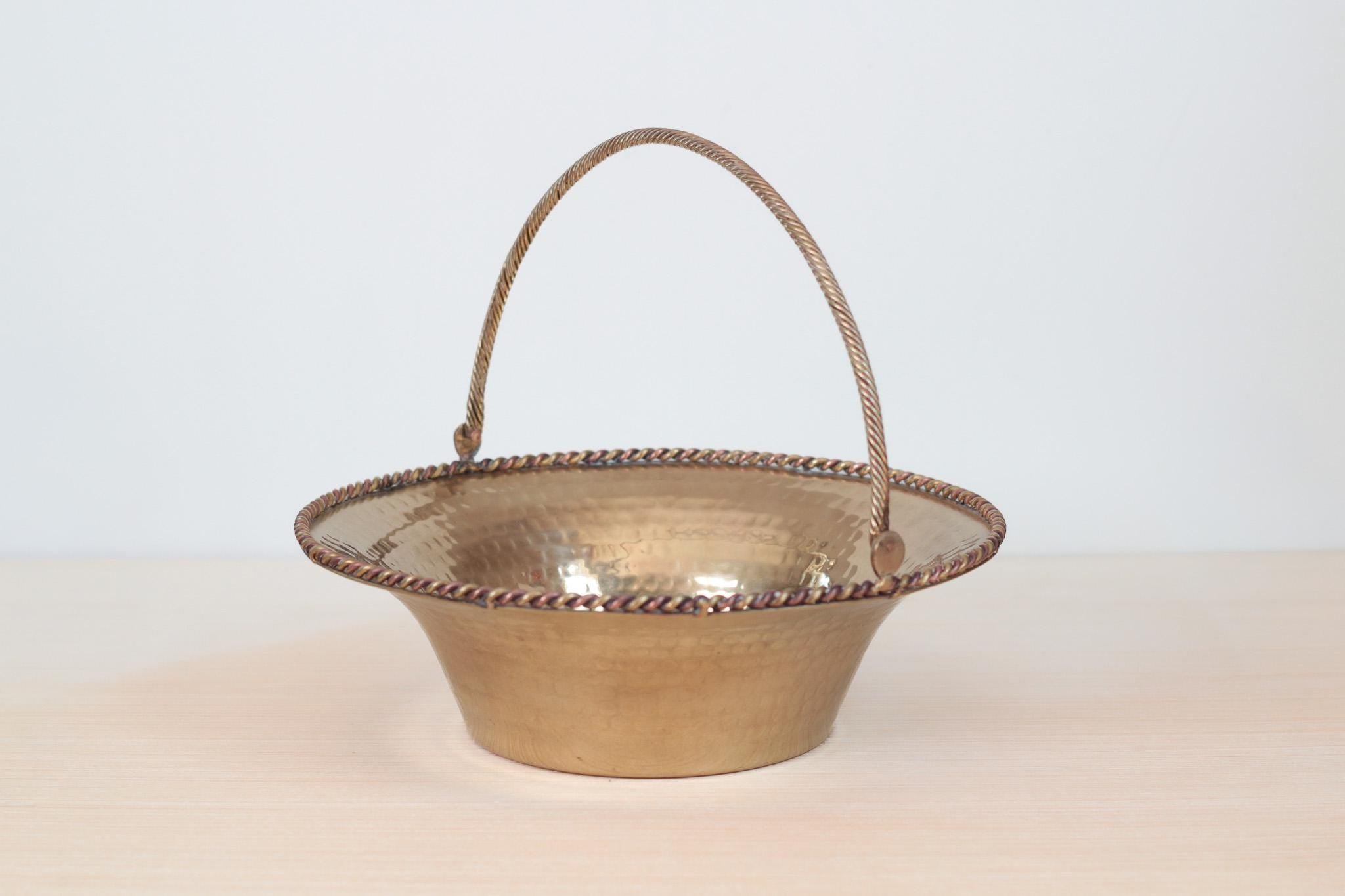 Vintage Hammered Brass Basket Bowl with Swing Handle, Mid-Century Decor